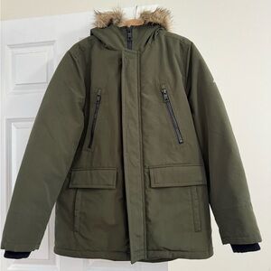 Nautica Olive Green Puffer Jacket with Faux Fur Hood